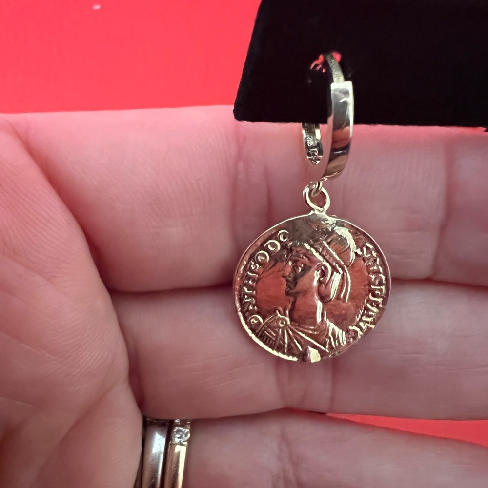 Gloria Amulet Coin Amulet Earring Gold Plated Hoops Earrings